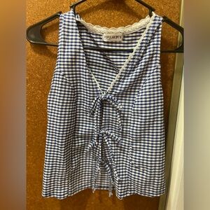 Blue and White Sleeveless Tank Top with Tie Front